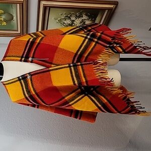 Wool feel  poncho yellow orange and red plaid with fringe Fall Autumn Americana